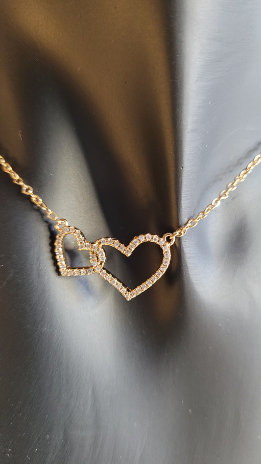 Double Heart Necklace Gold plated with Zirconia